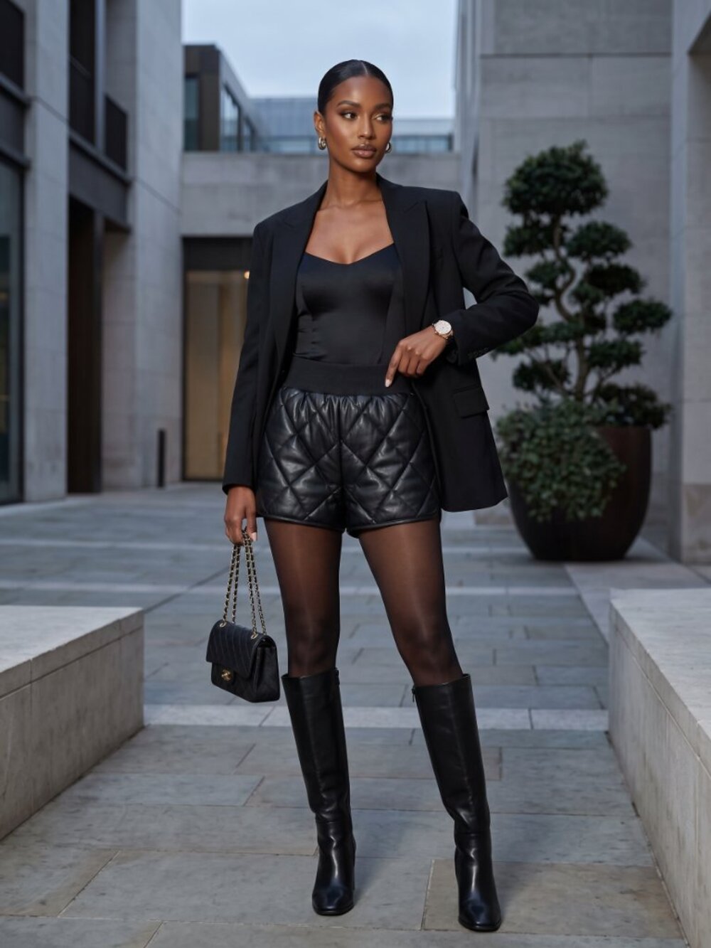 MANIERE DE VOIR Black Vegan Leather Quilted shorts UK 8